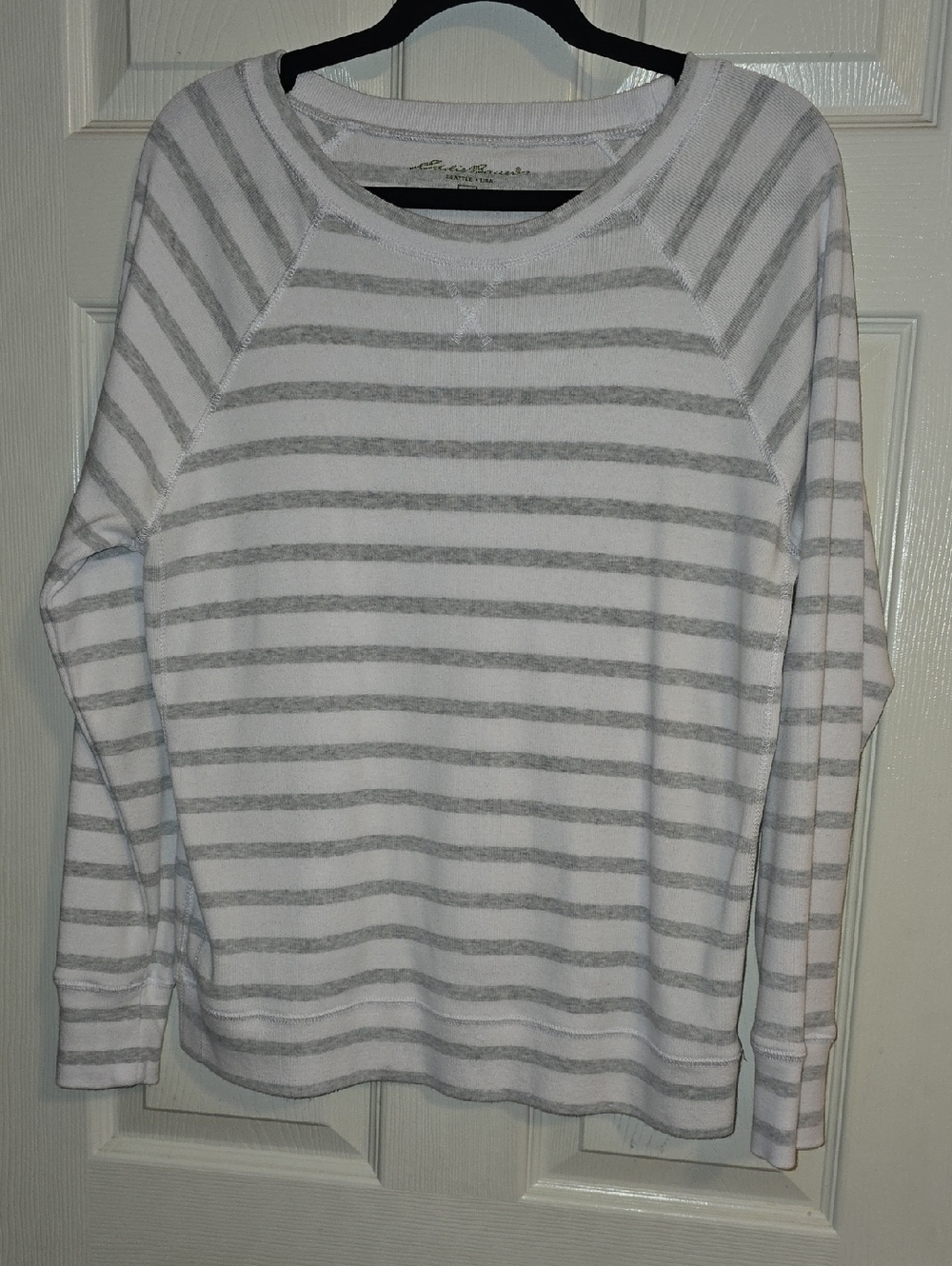 Eddie Bauer White and Light‎ Gray Striped Crew Neck Sweater